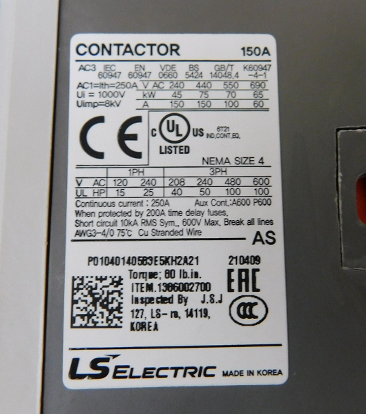 Motor Starter, 110-150 Amp, 120V Coil, 40 HP at 208, 50 HP at 230V, 3PH, Nema Size 4, IEC Size 150