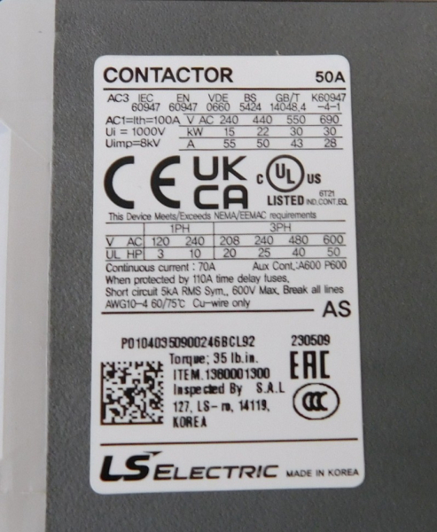 Motor Starter, 45-65 Amp, 120V Coil, 40HP 480V, IEC Size 50